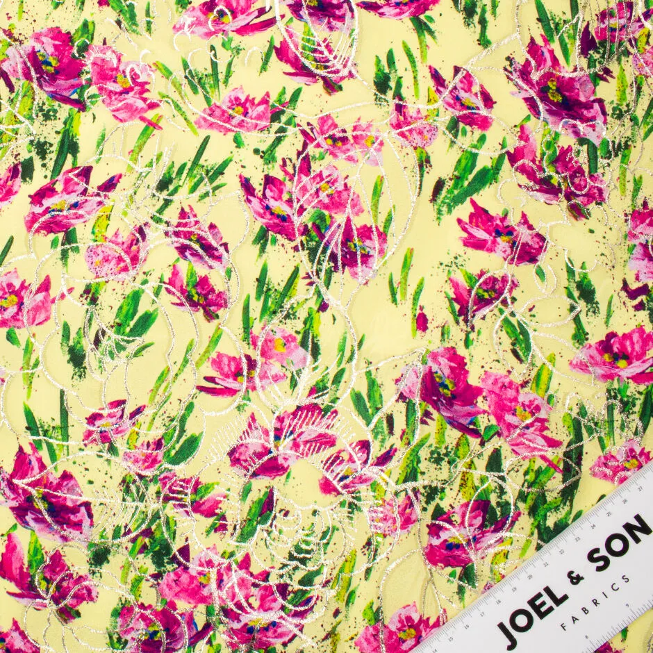 Cerise Pink Floral Printed Yellow Silk Jacquard