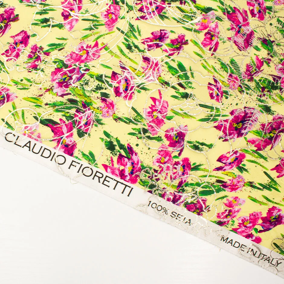 Cerise Pink Floral Printed Yellow Silk Jacquard