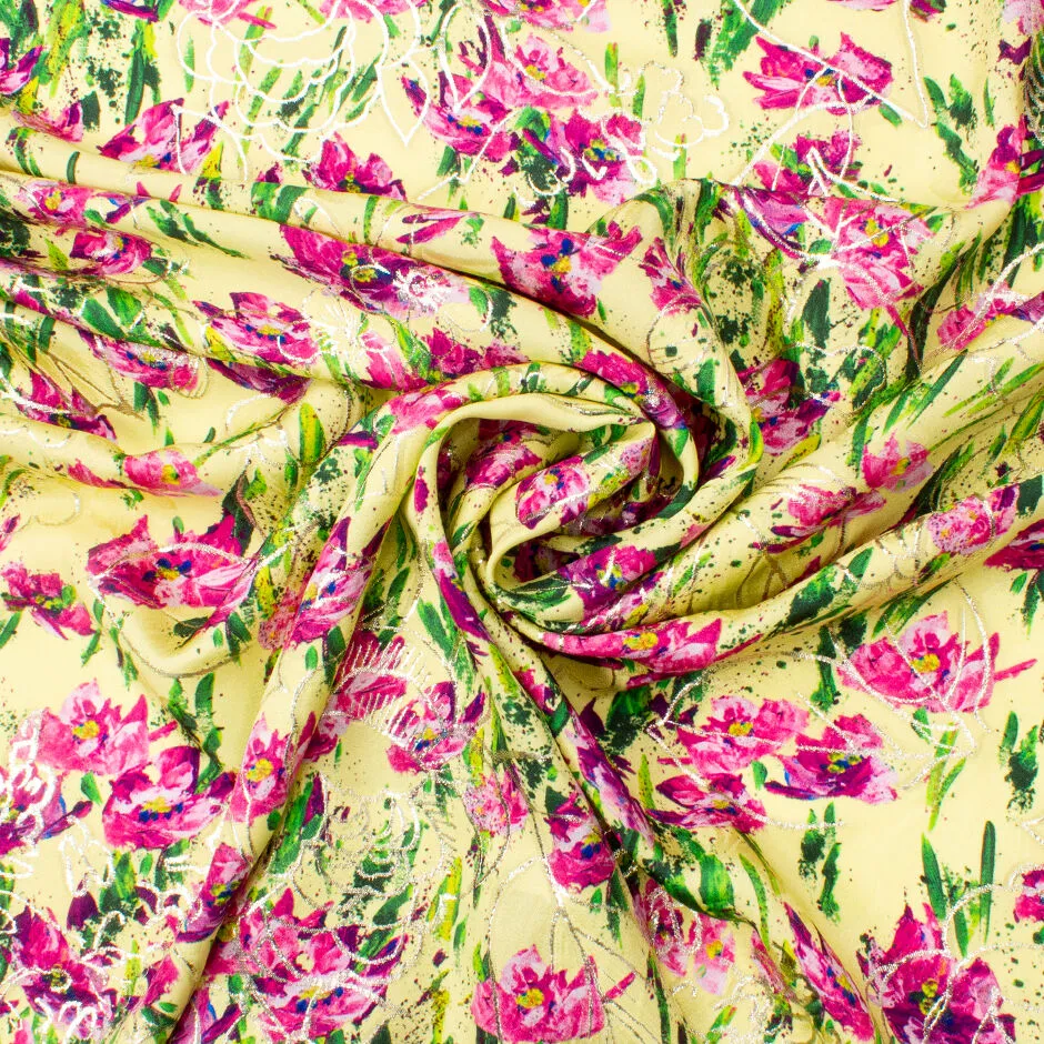 Cerise Pink Floral Printed Yellow Silk Jacquard