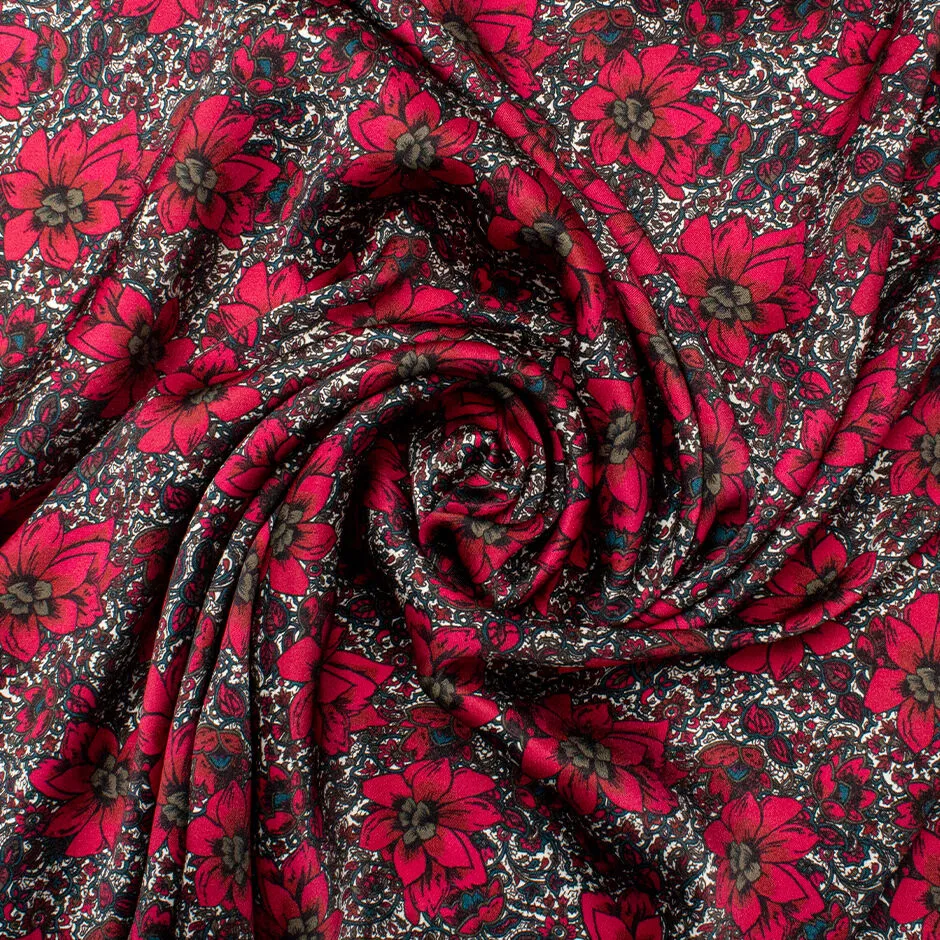 Cherry Red Floral Printed Double Silk Satin Crêpe