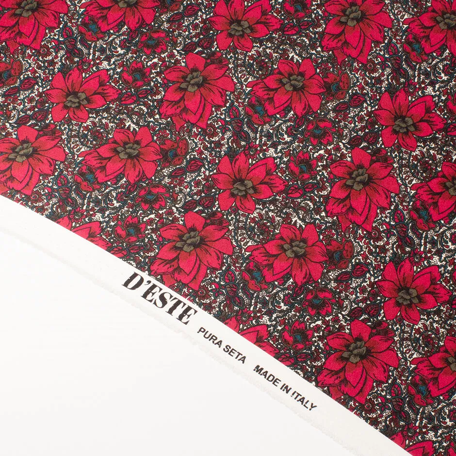 Cherry Red Floral Printed Double Silk Satin Crêpe