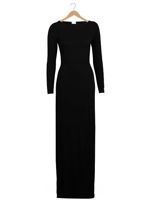 Clearance Pure Color Slim Slit O-neck Long Sleeve Long Dress