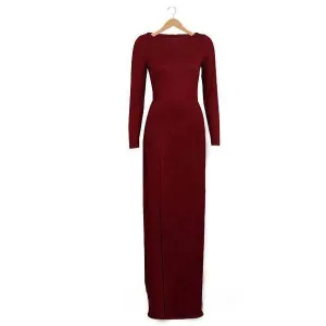 Clearance Pure Color Slim Slit O-neck Long Sleeve Long Dress