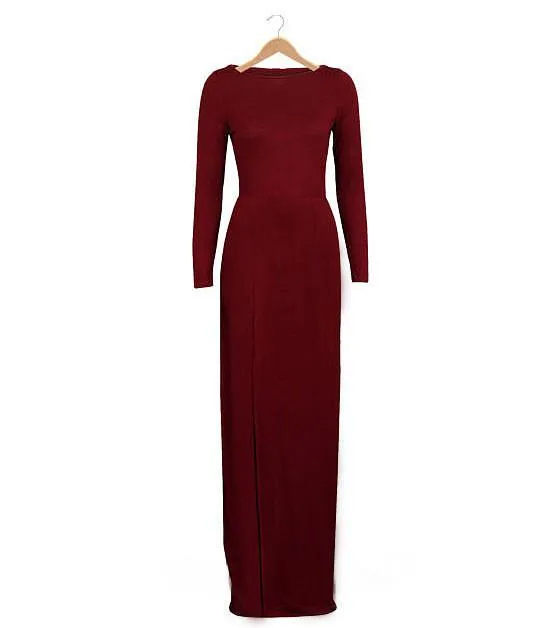 Clearance Pure Color Slim Slit O-neck Long Sleeve Long Dress