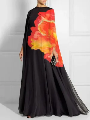 Contrast Color Floral Printed Batwing Sleeves Loose Round-Neck Maxi Dresses