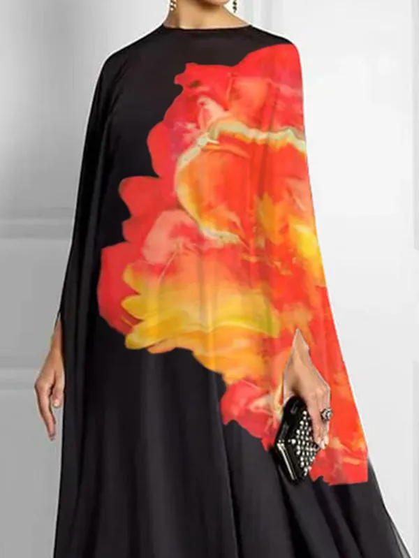 Contrast Color Floral Printed Batwing Sleeves Loose Round-Neck Maxi Dresses