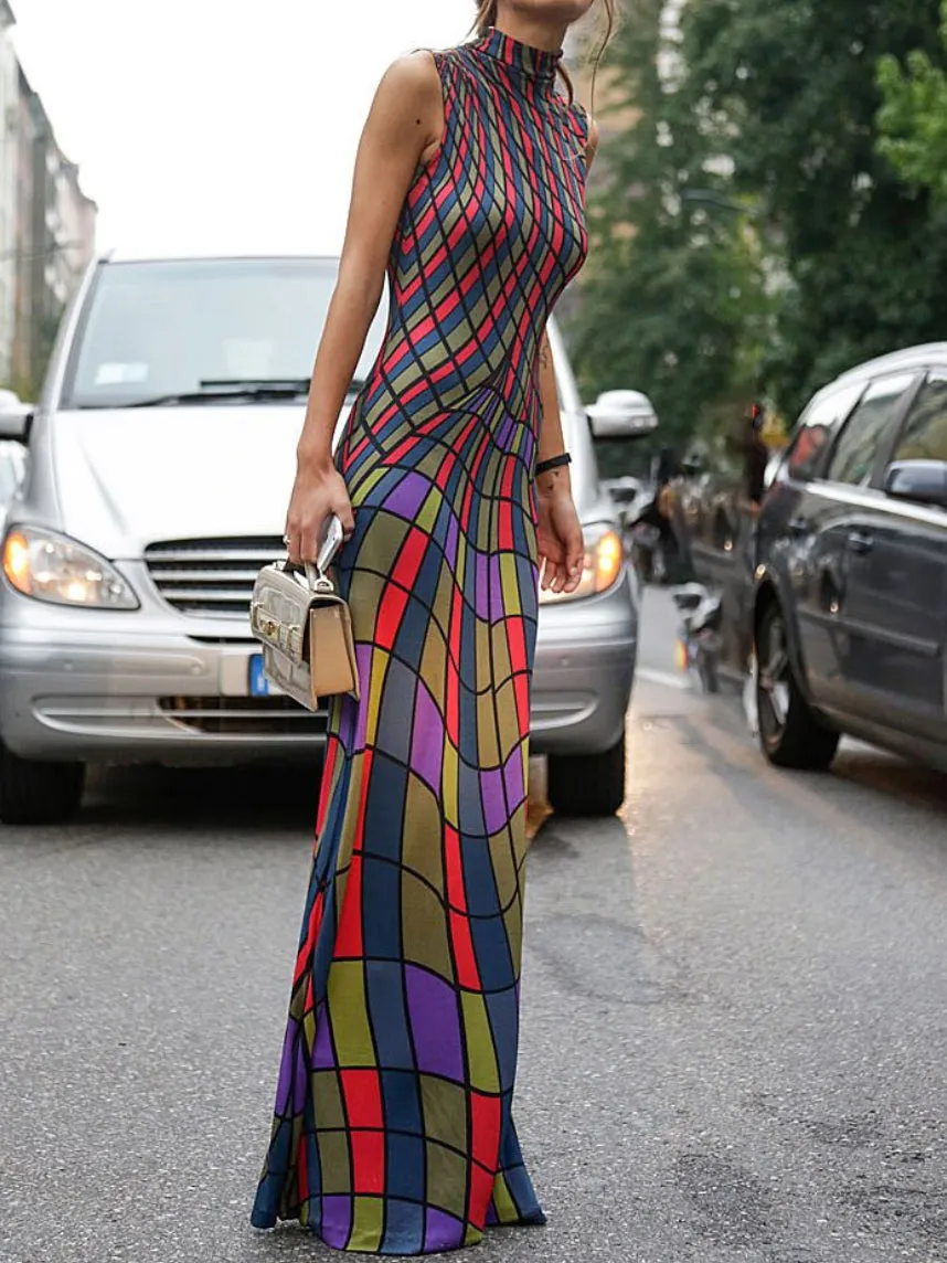 Contrast Color Plaid Printed Skinny Sleeveless High Neck Maxi Dresses