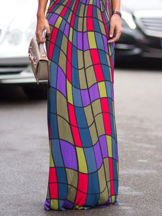 Contrast Color Plaid Printed Skinny Sleeveless High Neck Maxi Dresses