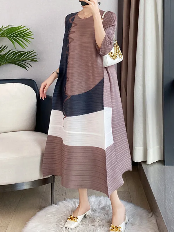 Contrast Color Pleated Printed Loose Three-quarter Sleeves Round-neck Midi Dresses