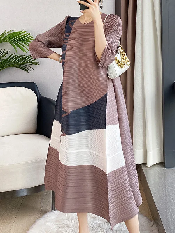 Contrast Color Pleated Printed Loose Three-quarter Sleeves Round-neck Midi Dresses