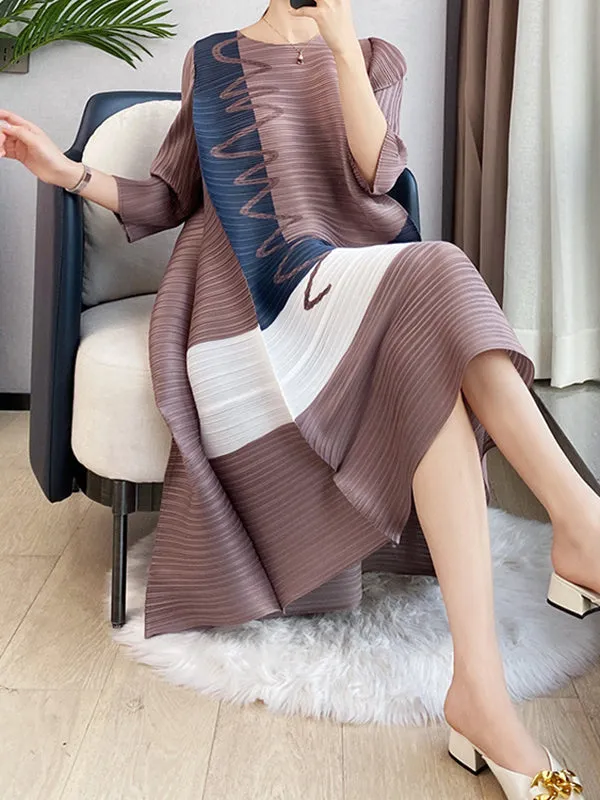 Contrast Color Pleated Printed Loose Three-quarter Sleeves Round-neck Midi Dresses