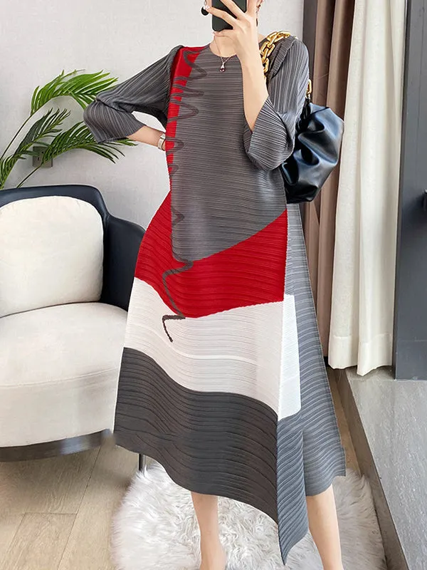 Contrast Color Pleated Printed Loose Three-quarter Sleeves Round-neck Midi Dresses