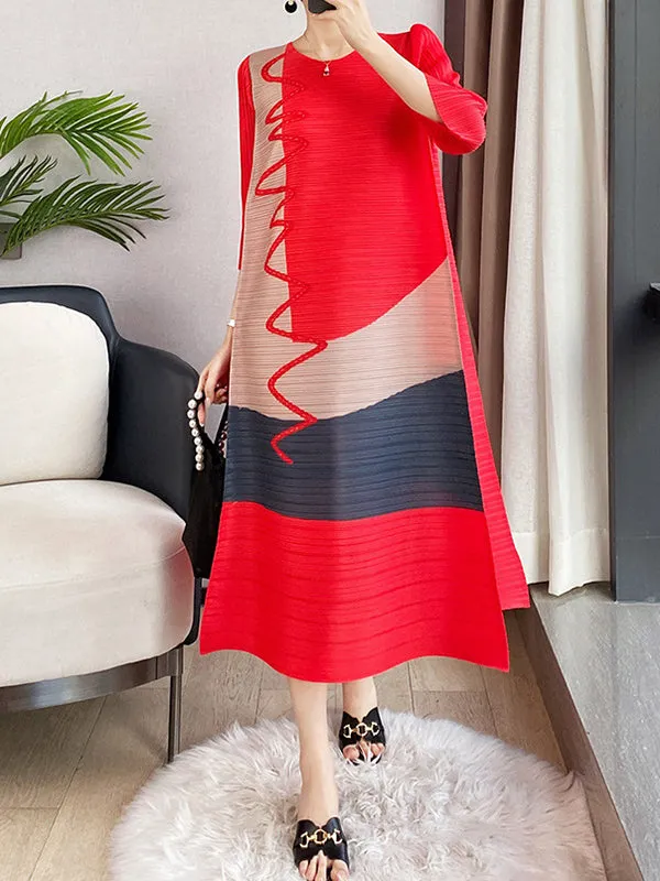 Contrast Color Pleated Printed Loose Three-quarter Sleeves Round-neck Midi Dresses