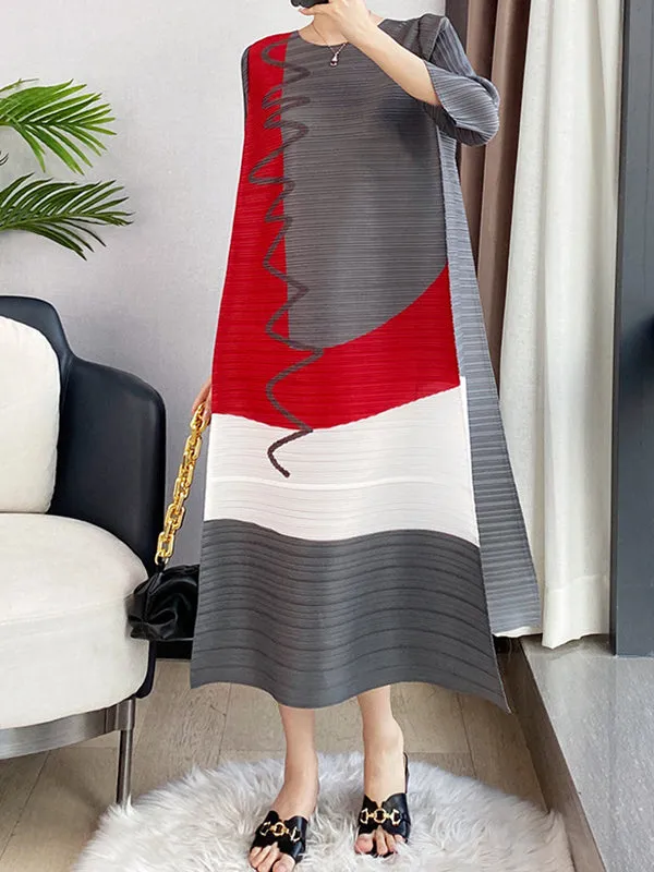 Contrast Color Pleated Printed Loose Three-quarter Sleeves Round-neck Midi Dresses