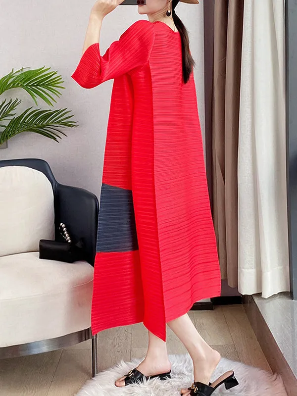 Contrast Color Pleated Printed Loose Three-quarter Sleeves Round-neck Midi Dresses