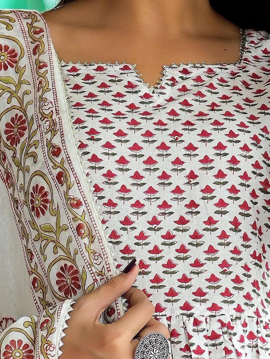 Cotton White Red Printed Sharara Set