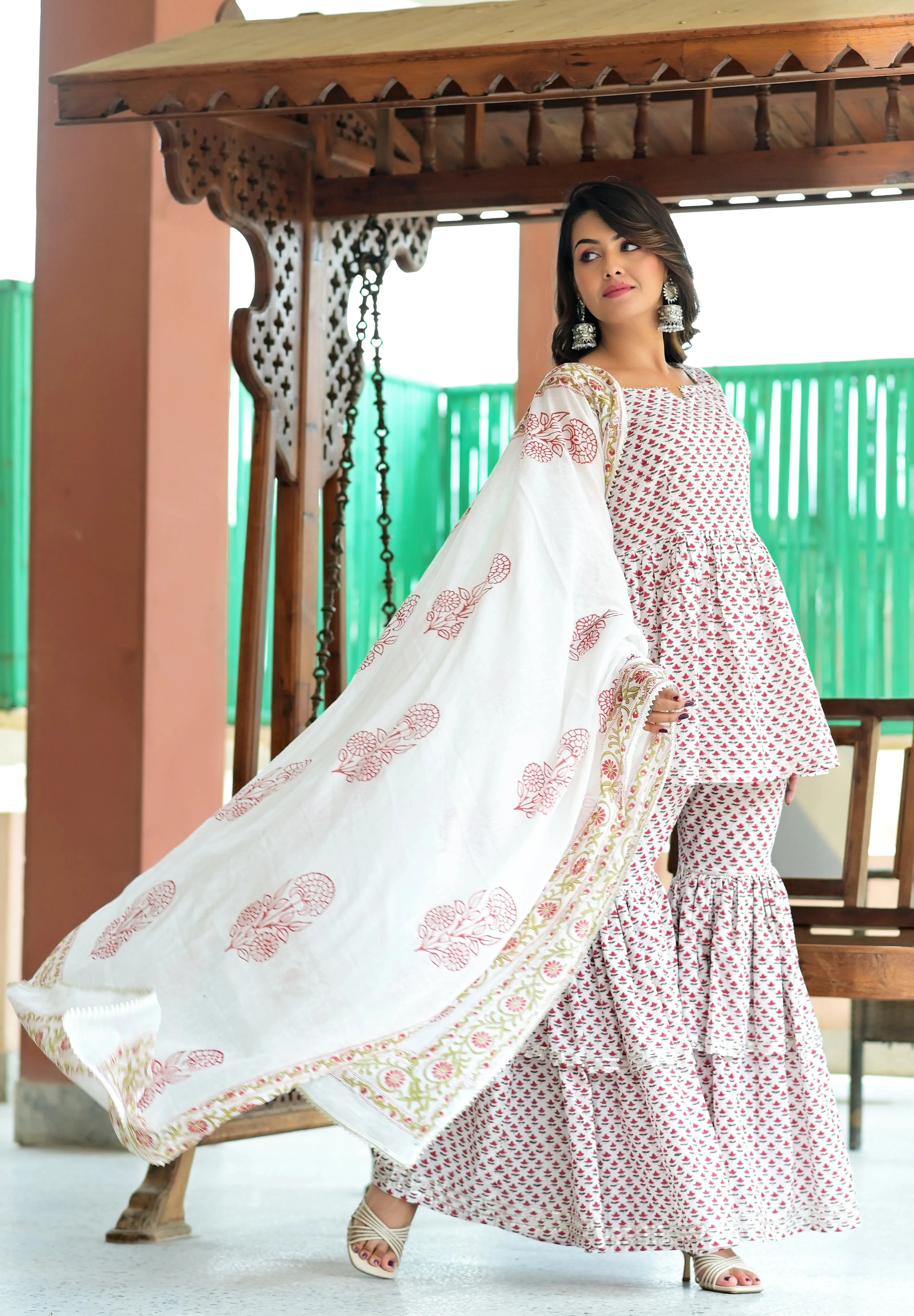 Cotton White Red Printed Sharara Set