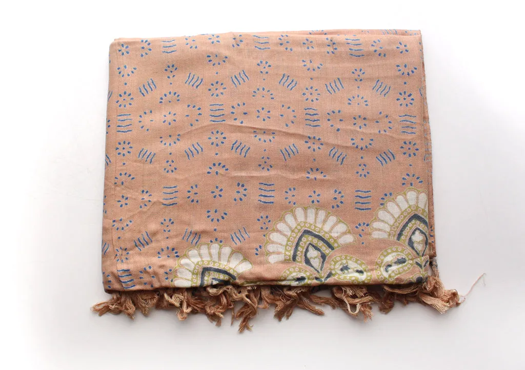 Cream and Blue Mandala Print Cotton Summer Shawl/Scarf with Fringe