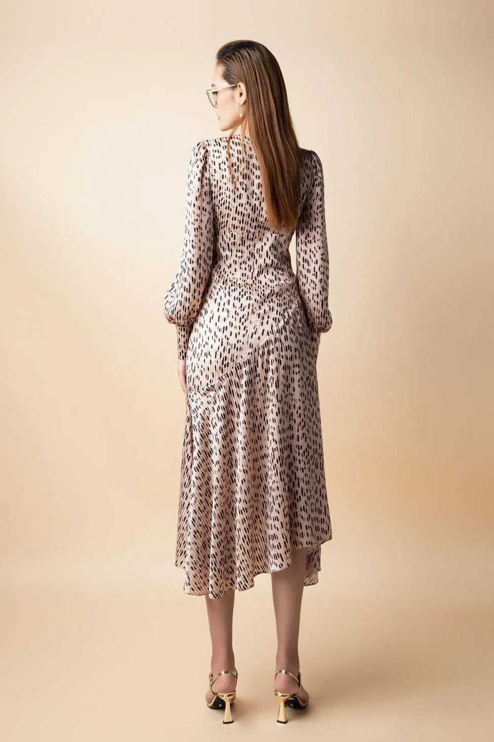 Daphne Asymmetric Long Sleeved Silk Midi Dress