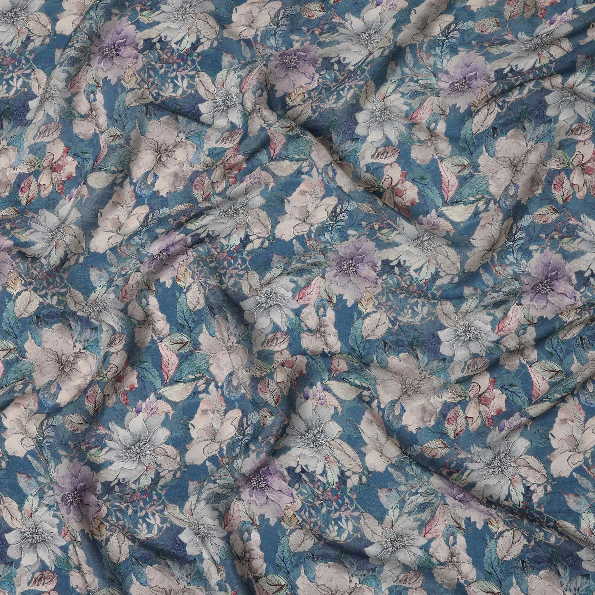 Deep Teal Viscose Digital Printed Fabric with Botanical Floral Design, 110 cm Width-D21308