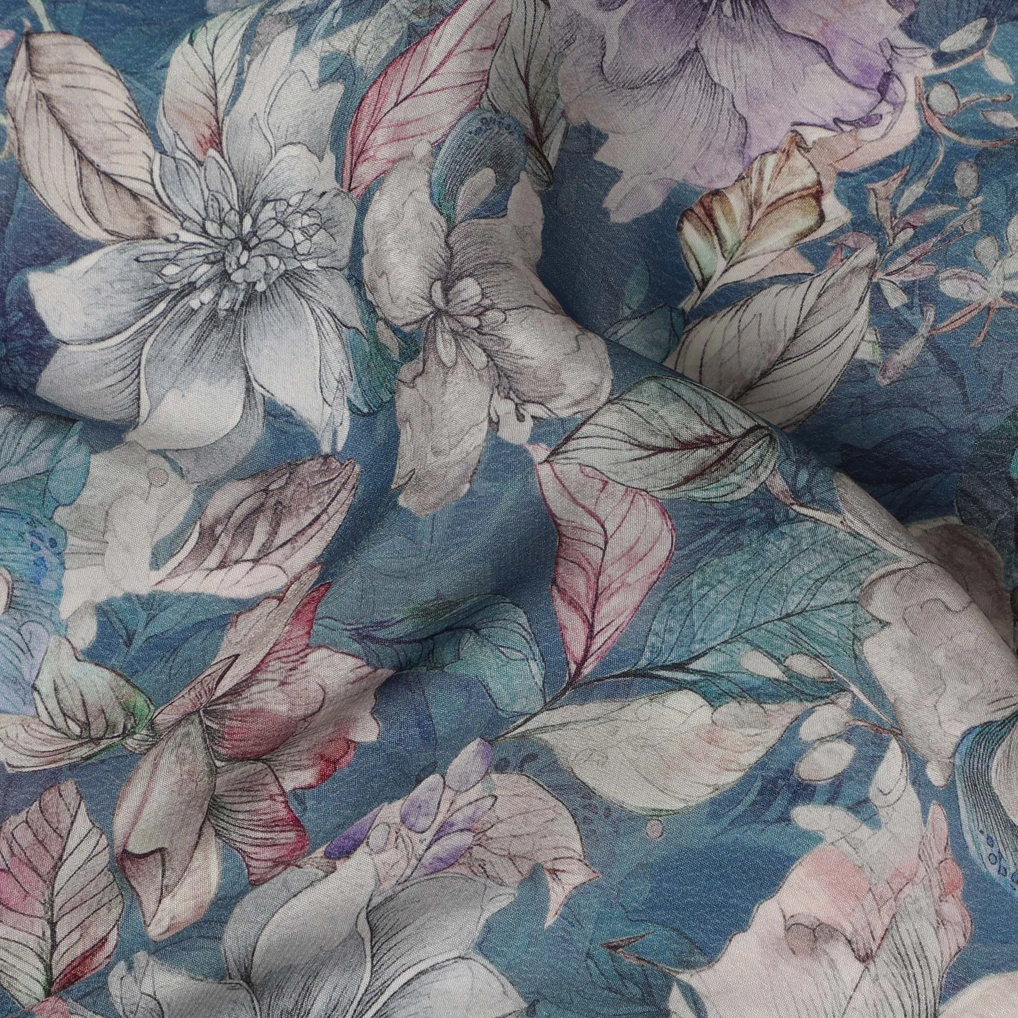 Deep Teal Viscose Digital Printed Fabric with Botanical Floral Design, 110 cm Width-D21308