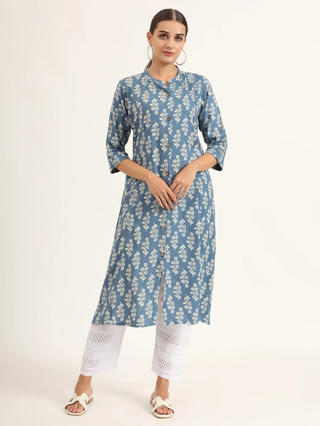 Divena Blue Floral Print Pure Cotton Straight Kurta