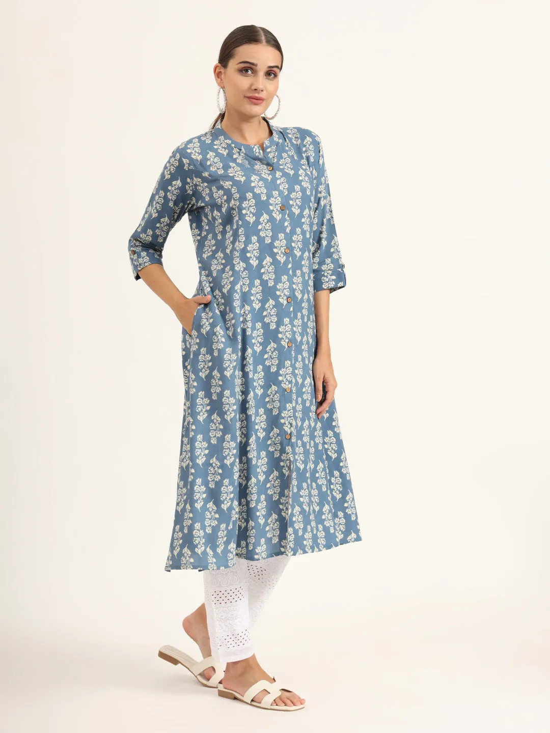 Divena Blue Floral Print Pure Cotton Straight Kurta