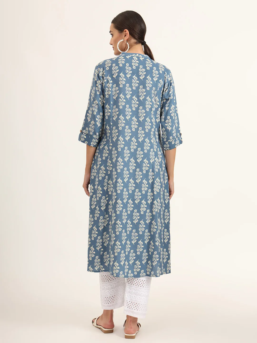 Divena Blue Floral Print Pure Cotton Straight Kurta