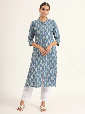 Divena Blue Floral Print Pure Cotton Straight Kurta