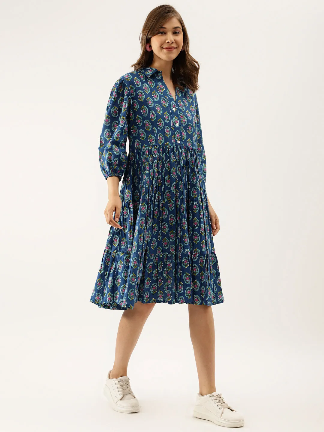 Divena Blue Paisley Printed Cotton Dress for Women