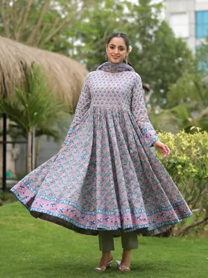 Divena Floral Printed Round Neck Pure Cotton Anarkali Kurta With Trousers & Dupatta