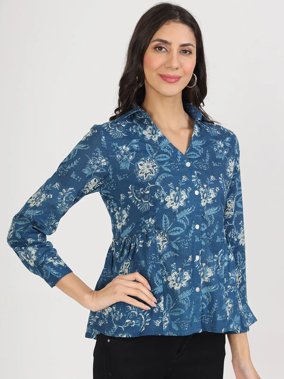 Divena Indigo Blue Cotton Shirt Style Top