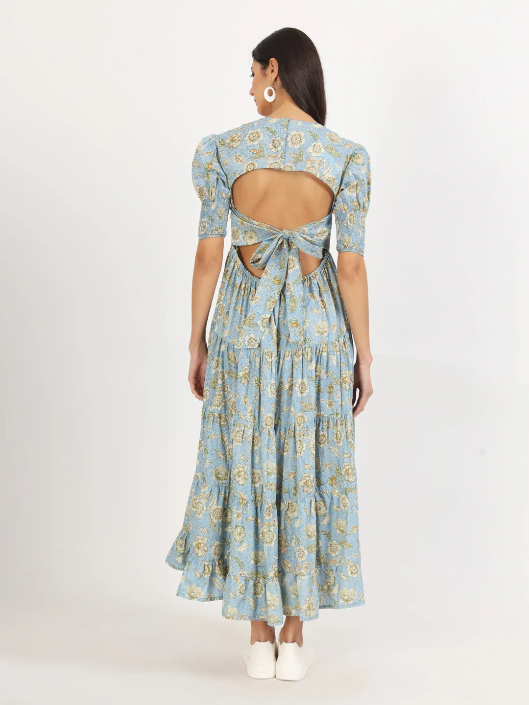 Divena Sky Blue Floral Printed Calf length Dress