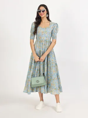 Divena Sky Blue Floral Printed Calf length Dress