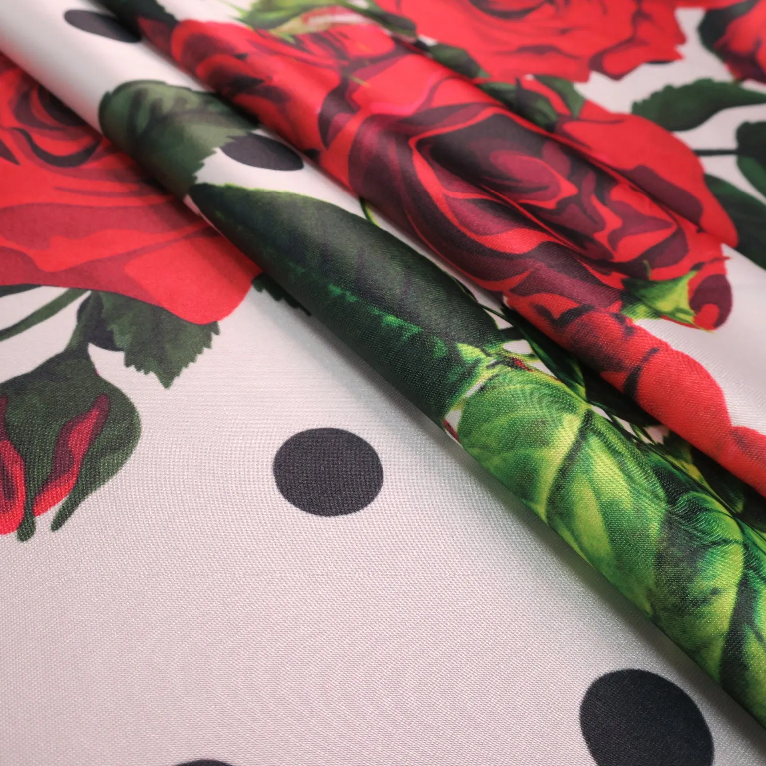 Dots and Red Roses on White Printed Polyester Mikado Fabric