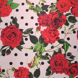 Dots and Red Roses on White Printed Polyester Mikado Fabric