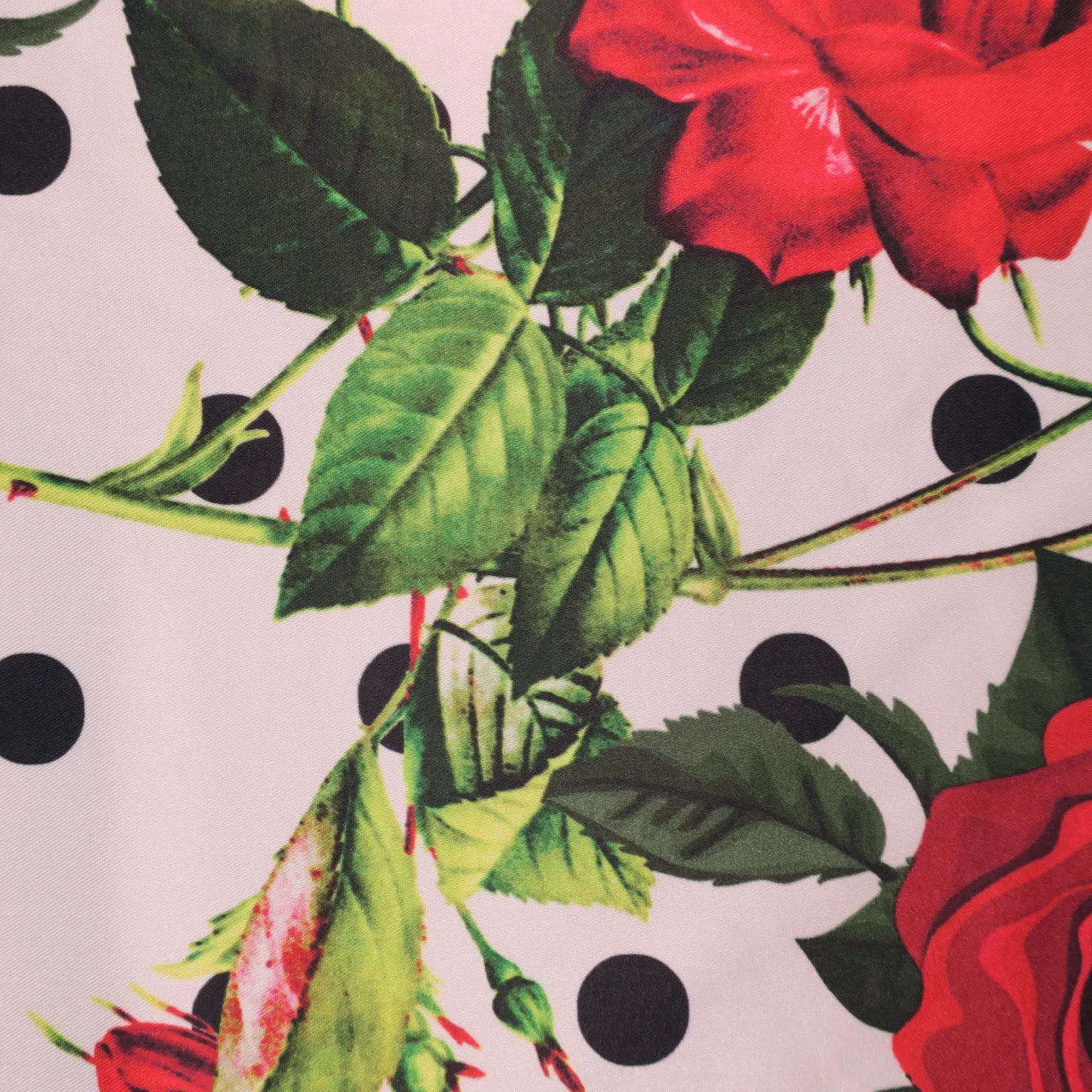 Dots and Red Roses on White Printed Polyester Mikado Fabric