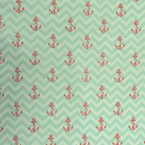 Drift Away Red Anchor on Mint Chevron Printed Cotton