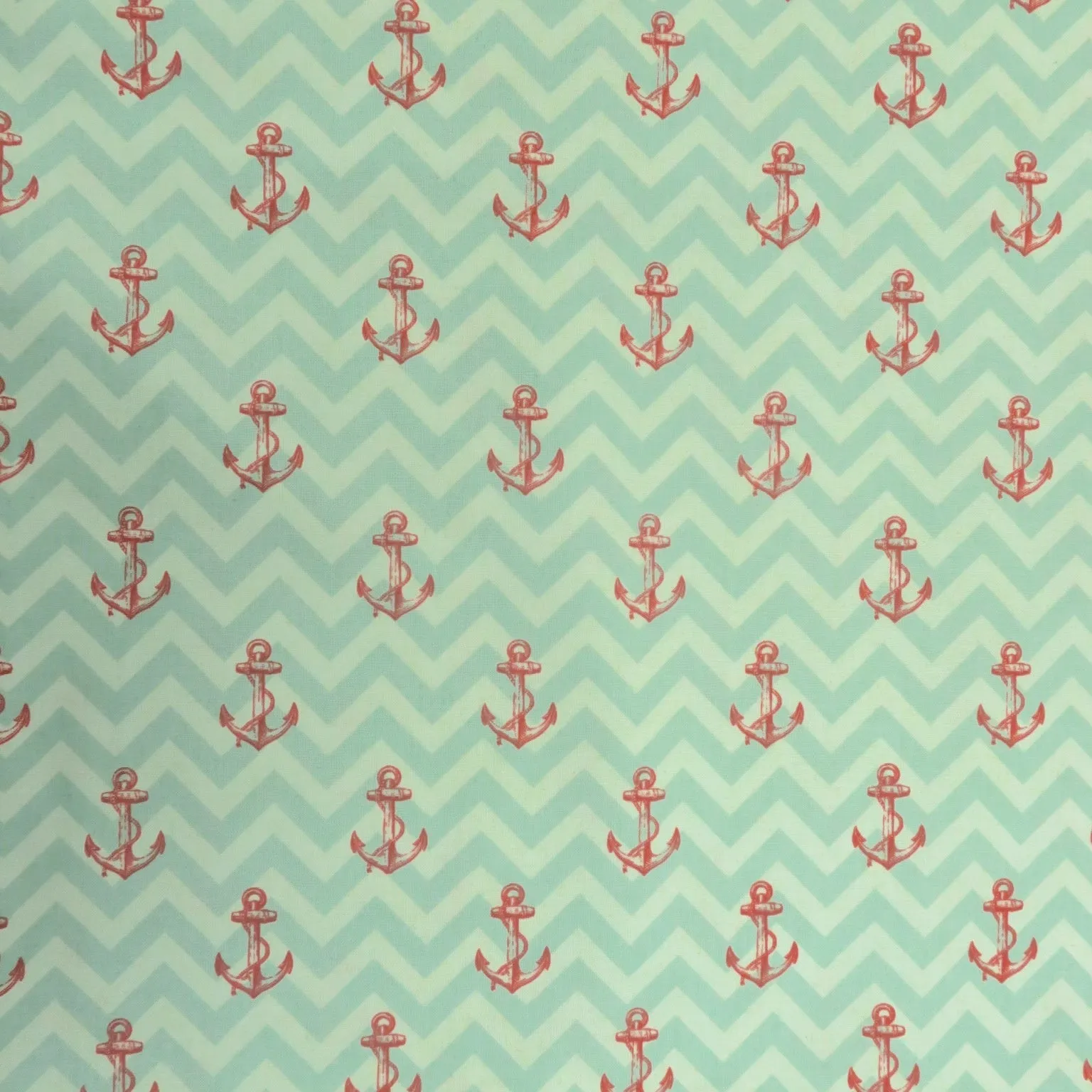 Drift Away Red Anchor on Mint Chevron Printed Cotton