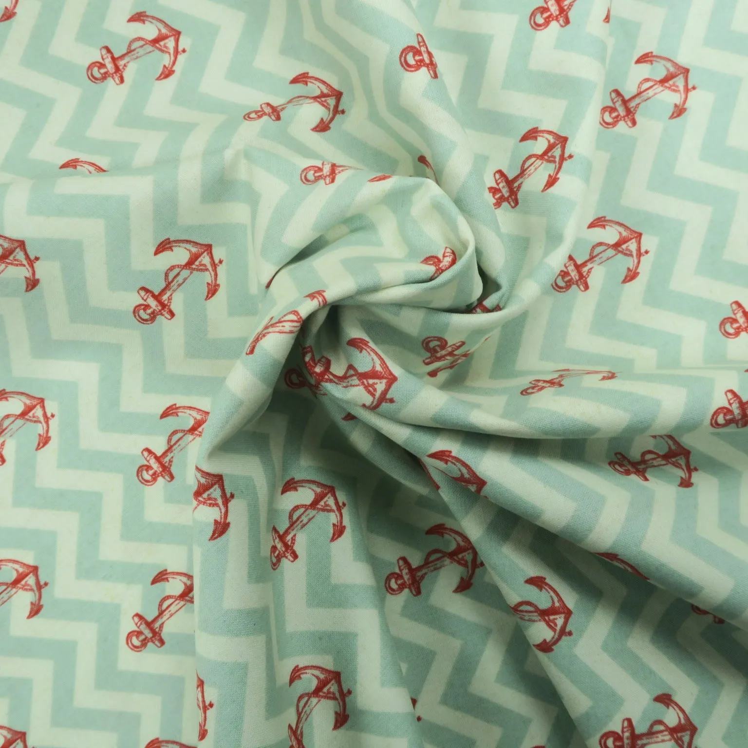 Drift Away Red Anchor on Mint Chevron Printed Cotton