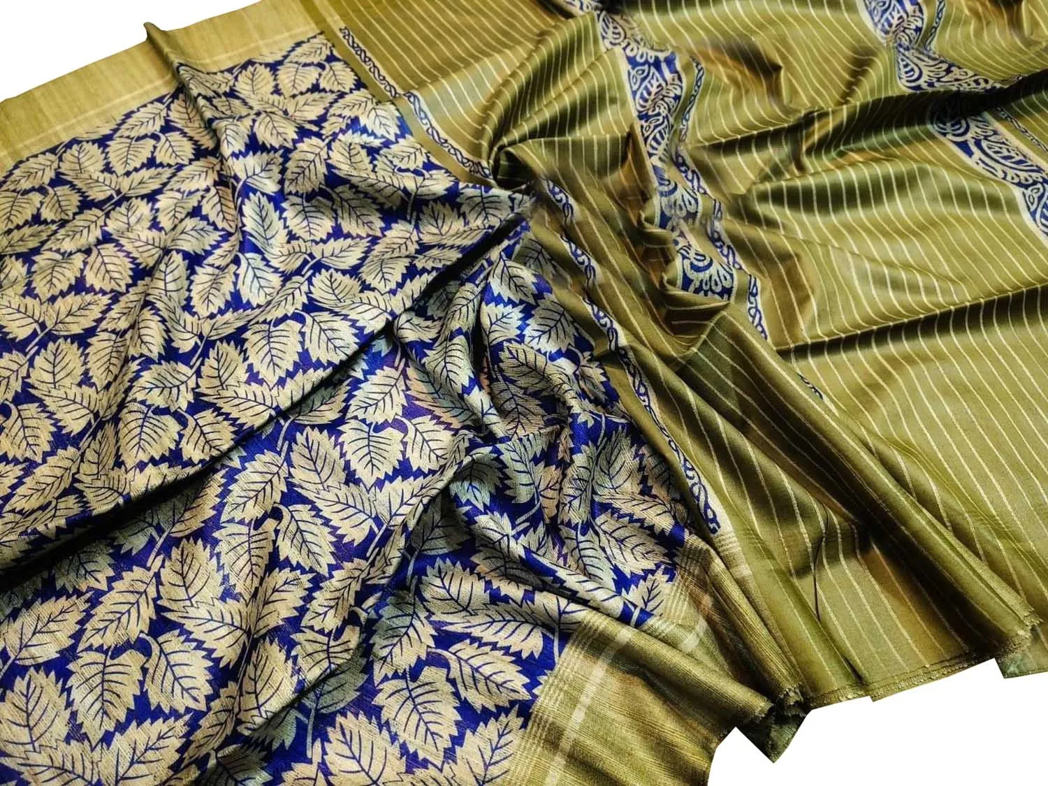 Elegant Blue Ghicha Tussar Silk Block Printed Saree