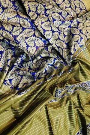 Elegant Blue Ghicha Tussar Silk Block Printed Saree