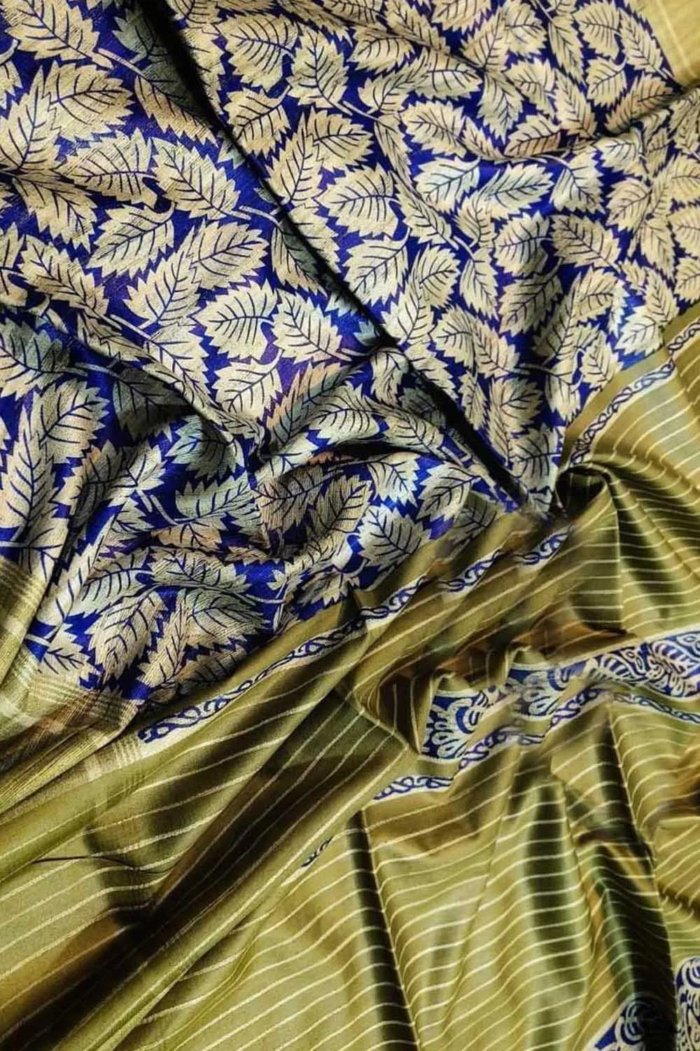 Elegant Blue Ghicha Tussar Silk Block Printed Saree