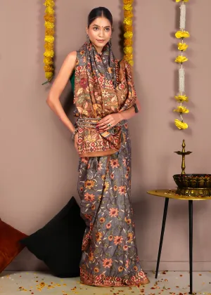 Elegant Floral Printed  Saree with Contrast Border