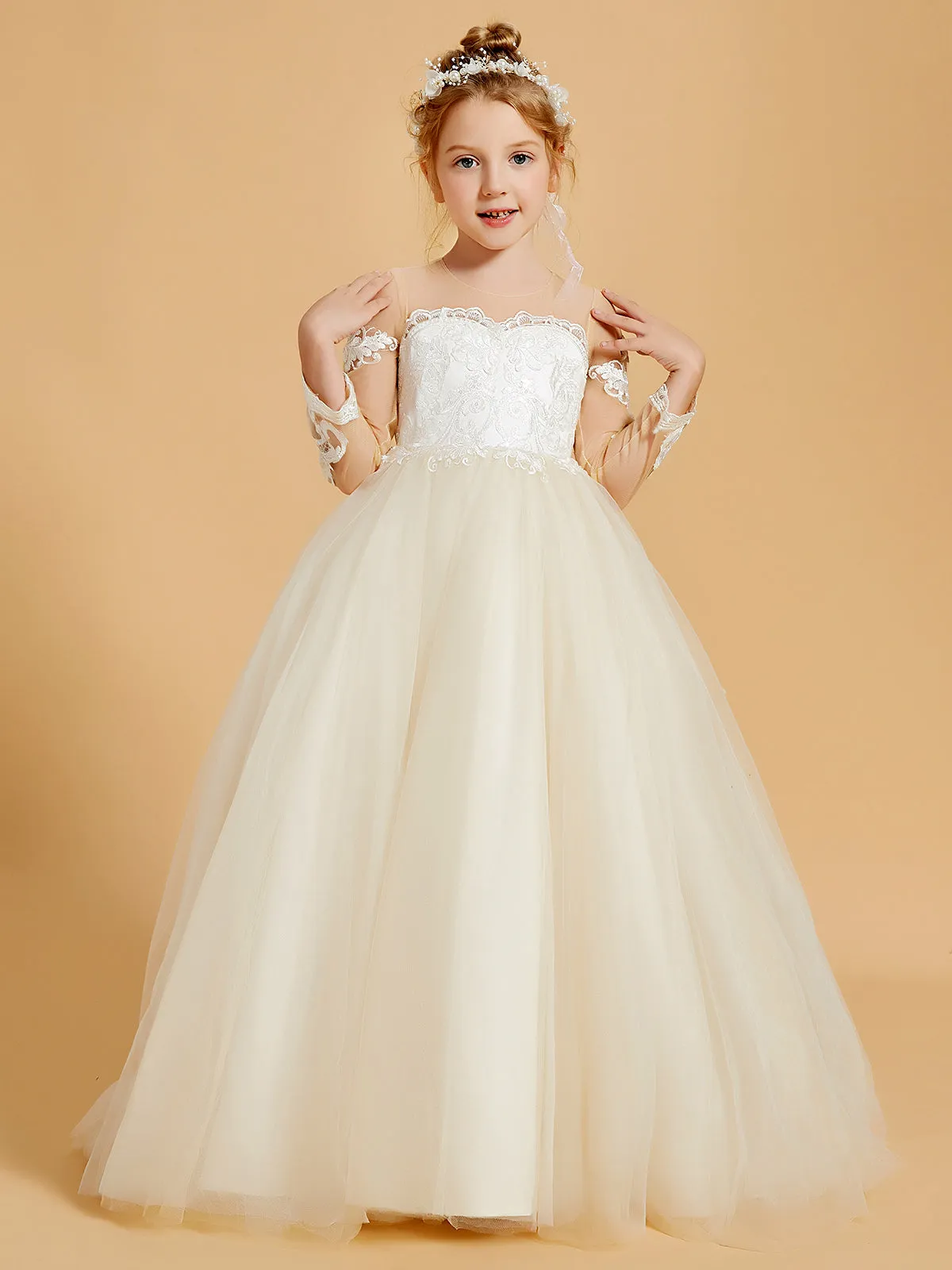 Elegant Tulle Flower Girl Dresses with Lace Applique and Button Accents