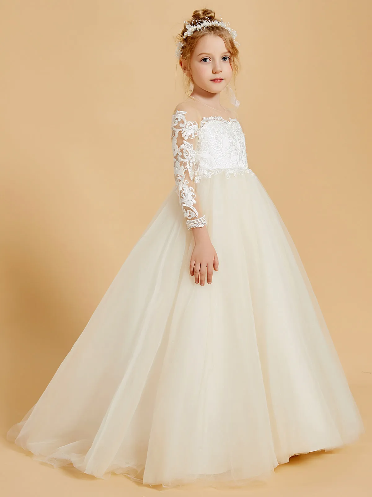 Elegant Tulle Flower Girl Dresses with Lace Applique and Button Accents