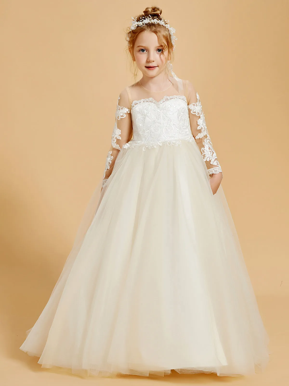 Elegant Tulle Flower Girl Dresses with Lace Applique and Button Accents