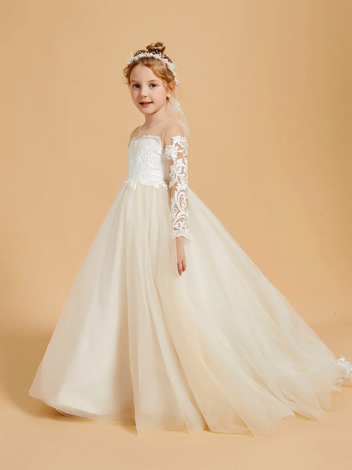 Elegant Tulle Flower Girl Dresses with Lace Applique and Button Accents