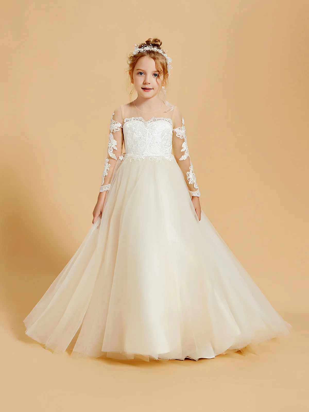 Elegant Tulle Flower Girl Dresses with Lace Applique and Button Accents