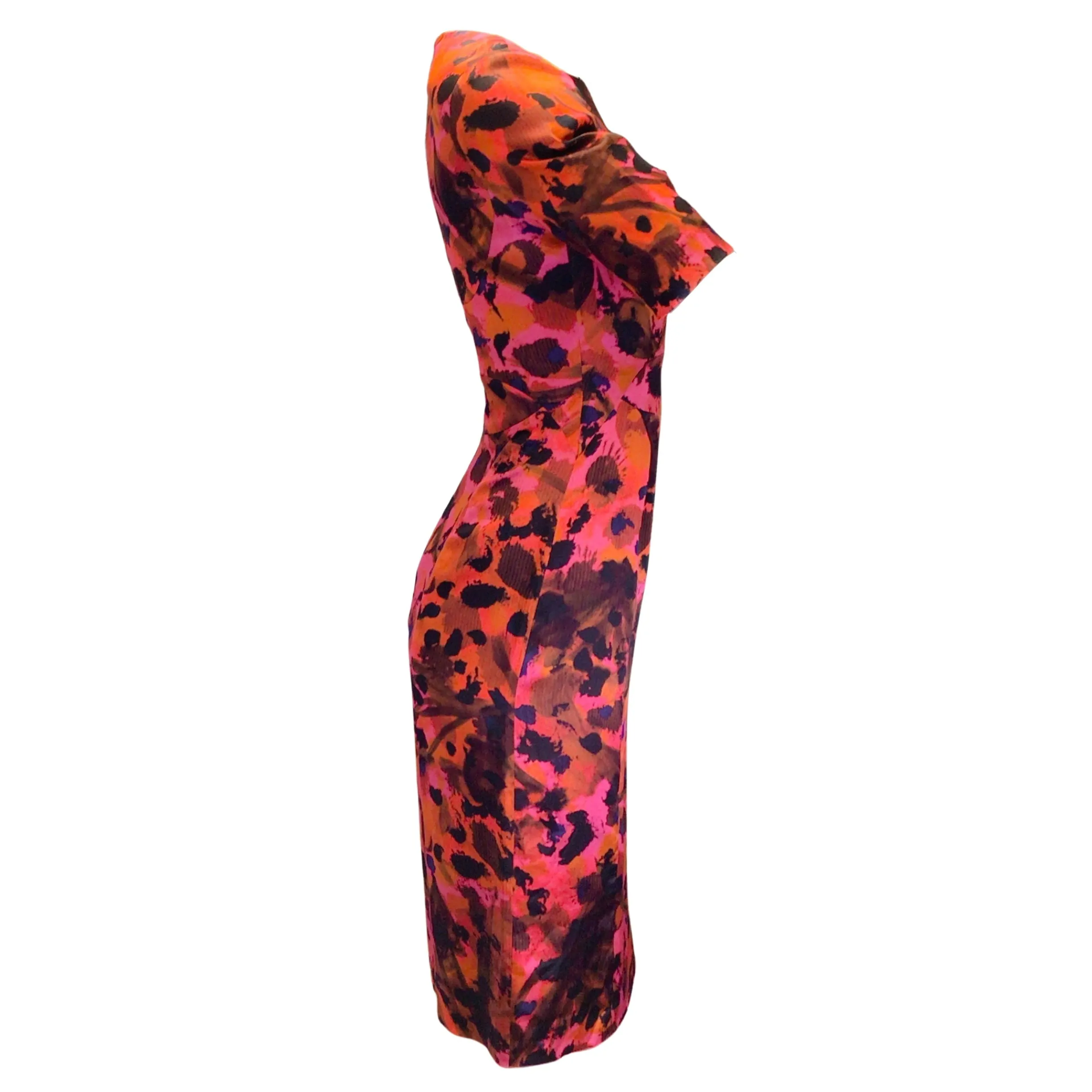 Erdem Fuchsia Pink / Orange Multi Printed Short Sleeved Silk Dress